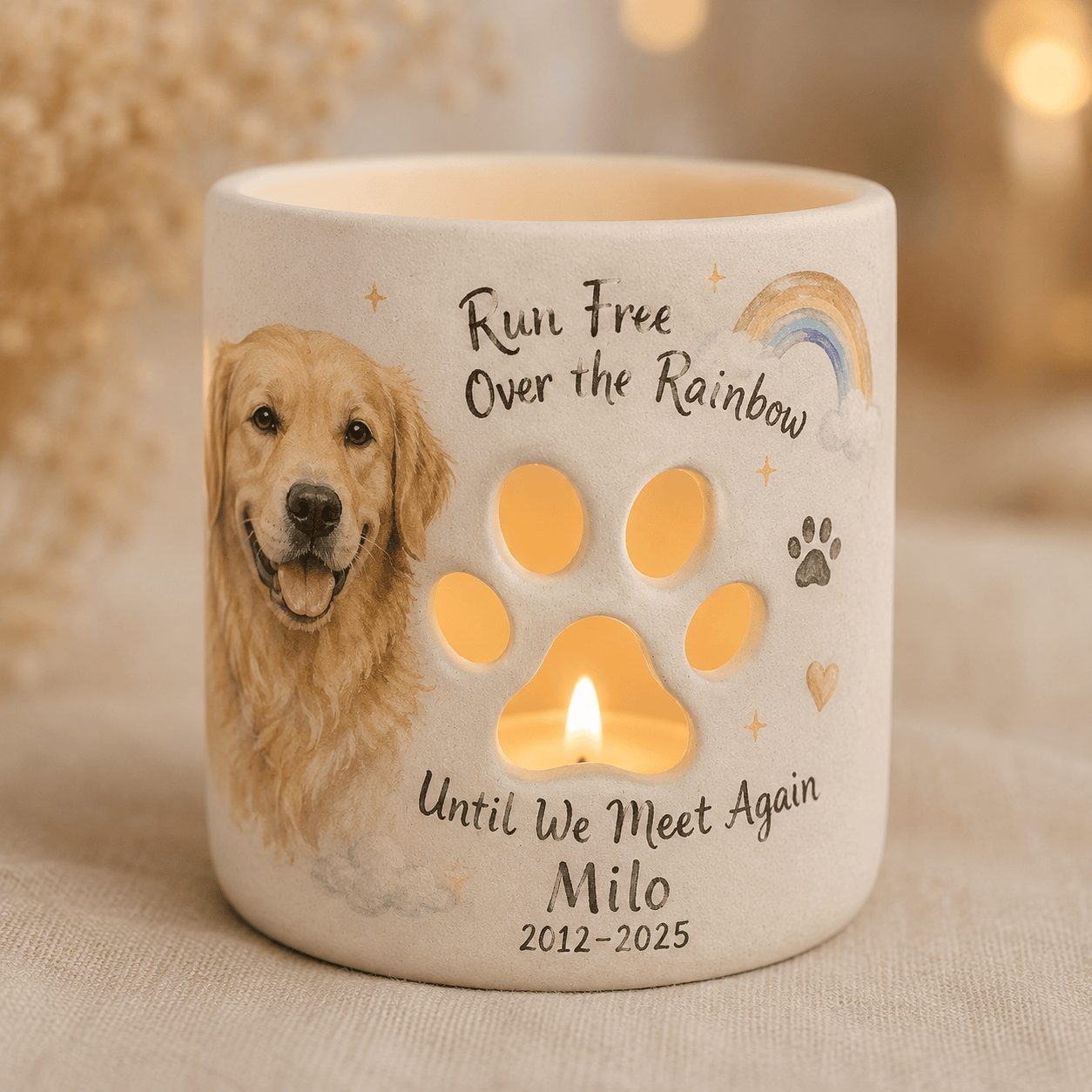 Personalized Rainbow Bridge Pet Memorial Candle Holder – Custom Dog Remembrance Gift