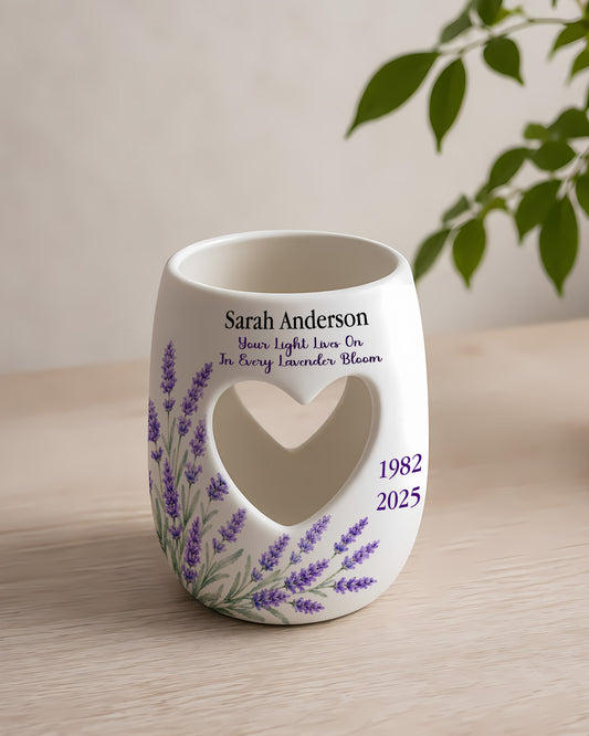 Personalised Memorial Candle Holder, Lavender Floral Remembrance Gift, Your Light Lives On In Loving Memory Candle Burner, Sympathy Gift