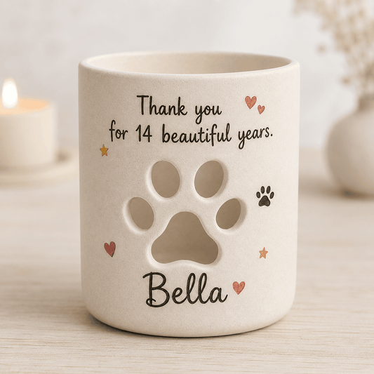 Personalized Pet Memorial Candle Holder, Hand-Painted Ceramic Paw Print Lantern