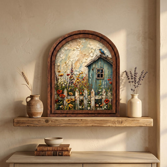 Charming Cottage Garden Wall Art, Rustic Blue Cottage and Wildflower Meadow, Arched Wood Frame, Farmhouse Floral Decor, Nature Lover Gift - Image 2