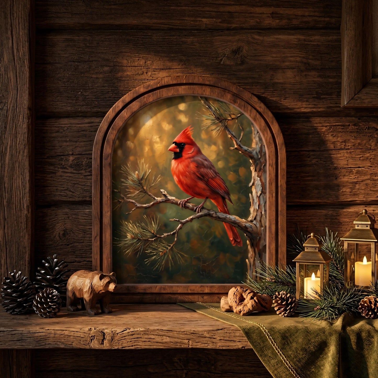Red Cardinal Wall Art, Woodland Bird Painting, Arched Wood Frame Picture, Rustic Cabin Decor, Nature Lover Gift, Memorial Bird Keepsake - Image 9