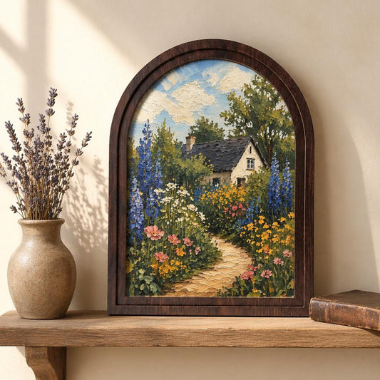 English Cottage Garden Wall Art, Arched Wooden Frame, Wildflower Landscape Print, Charming Country Cottage Decor, Botanical Farmhouse Gift - Image 2