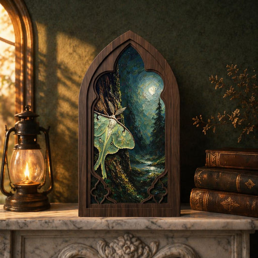 Luna Moth Wall Art, Gothic Window Wood Frame, Moonlit Forest Nature Painting, Cottagecore Decor, Dark Academia Wall Art, Woodland Home Gift - Image 2