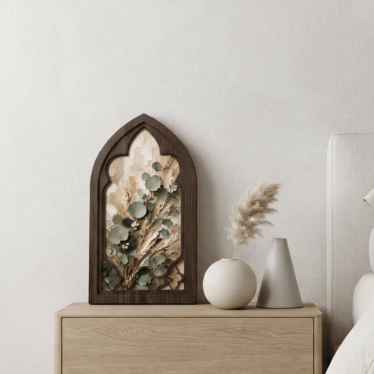 Eucalyptus Botanical Wall Art, Gothic Window Wood Frame, Neutral Nature Canvas, Rustic Farmhouse Decor, Minimalist Home Wall Art - Image 2