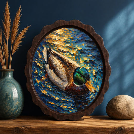 Mallard Duck Wall Art, Wavy Oval Wood Framed Canvas, Wildlife Lake Painting, Rustic Farmhouse Decor, Nature Bird Wall Art - Image 2