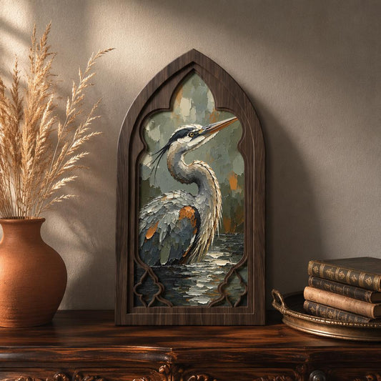 Heron Bird Wall Art, Gothic Window Wood Frame Canvas, Elegant Wildlife Painting, Lake House Decor, Bird Lover Gift - Image 2