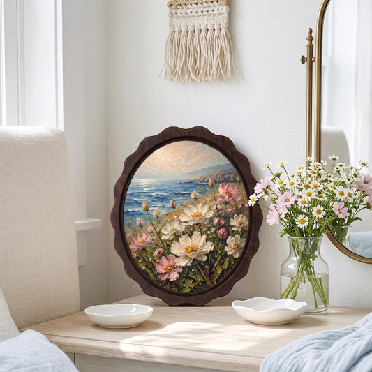 Coastal Botanical Wall Art, Wavy Oval Wood Frame, Wildflower Ocean Landscape, Rustic Beach House Decor, Nature Lover Gift - Image 2