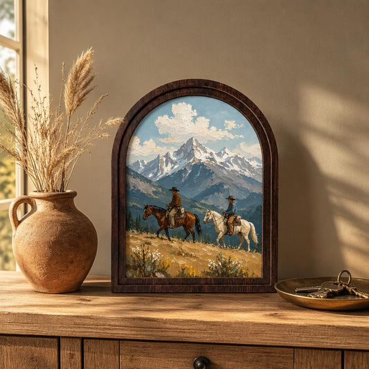Western Cowboy Wall Art, Arched Wooden Frame, Horseback Mountain Landscape Canvas, Rustic Cabin Decor, Nature Lover Gift - Image 2
