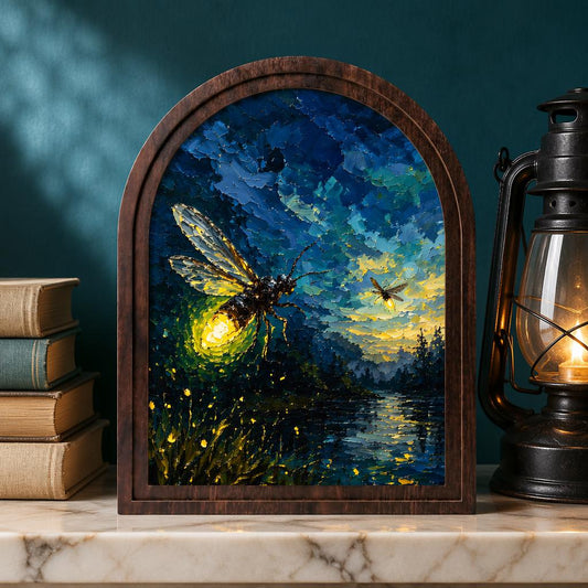 Glowing Firefly Wall Art in Arched Wood Frame, Enchanted Night Landscape Artwork, Cabin Decor, Nature Wall Decor, Gift for Nature Lovers - Image 2