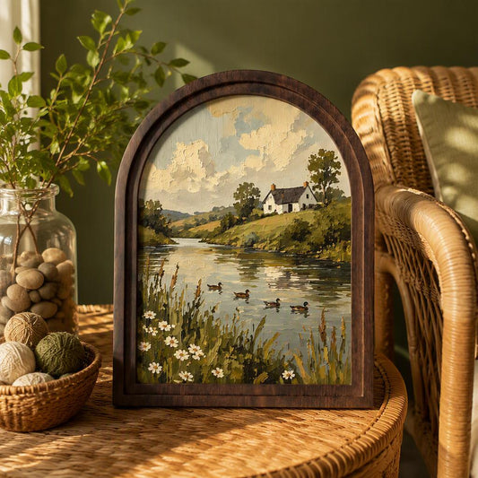 Peaceful Countryside Lake Wall Art in Arched Wood Frame, Vintage Cottage Landscape Print, Rustic Farmhouse Decor, Duck Lake Wall Hanging - Image 2
