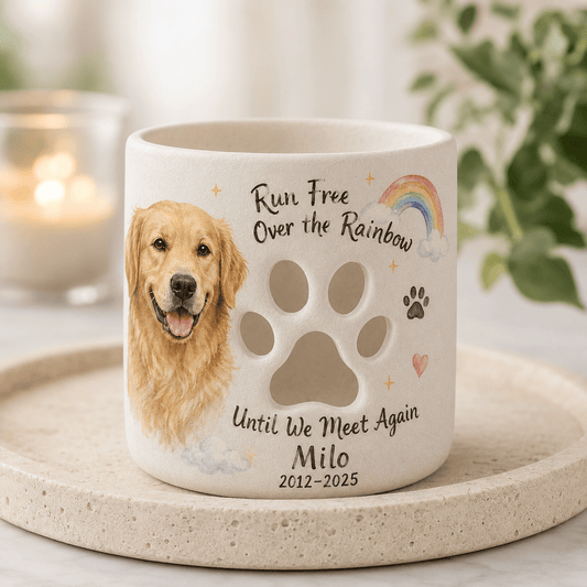 Personalized Rainbow Bridge Pet Memorial Candle Holder – Custom Dog Remembrance Gift