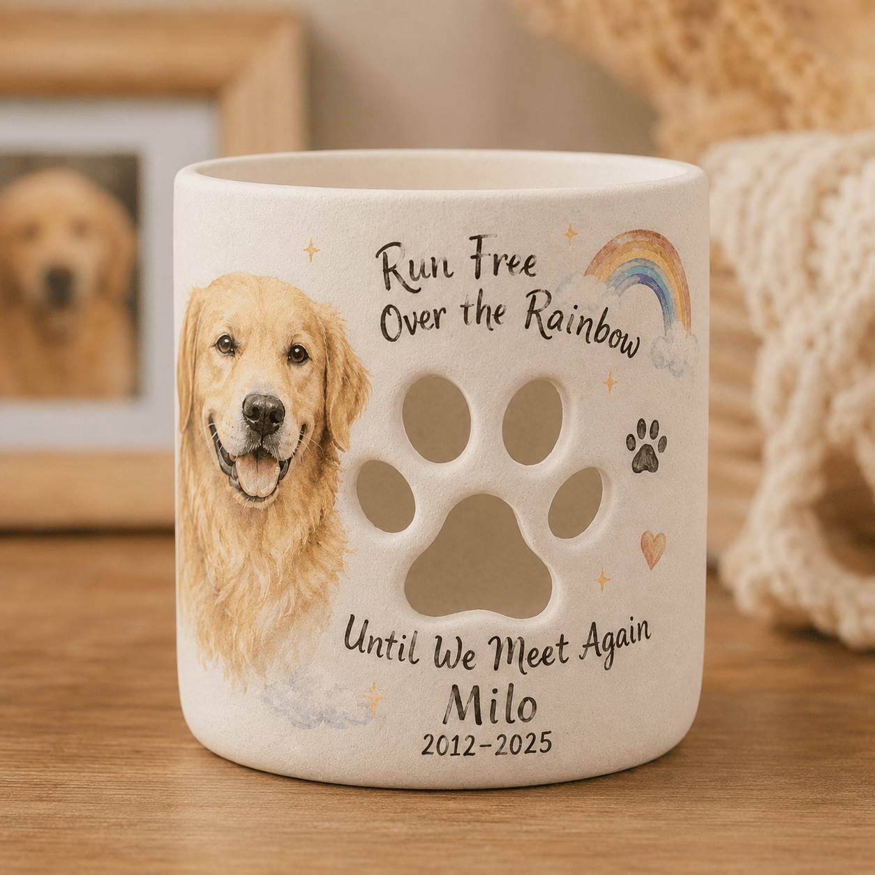 Personalized Rainbow Bridge Pet Memorial Candle Holder – Custom Dog Remembrance Gift
