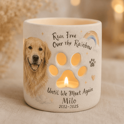 Personalized Rainbow Bridge Pet Memorial Candle Holder – Custom Dog Remembrance Gift