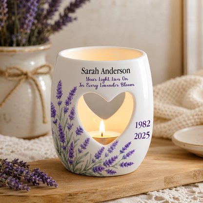 Personalised Memorial Candle Holder, Lavender Floral Remembrance Gift, Your Light Lives On In Loving Memory Candle Burner, Sympathy Gift