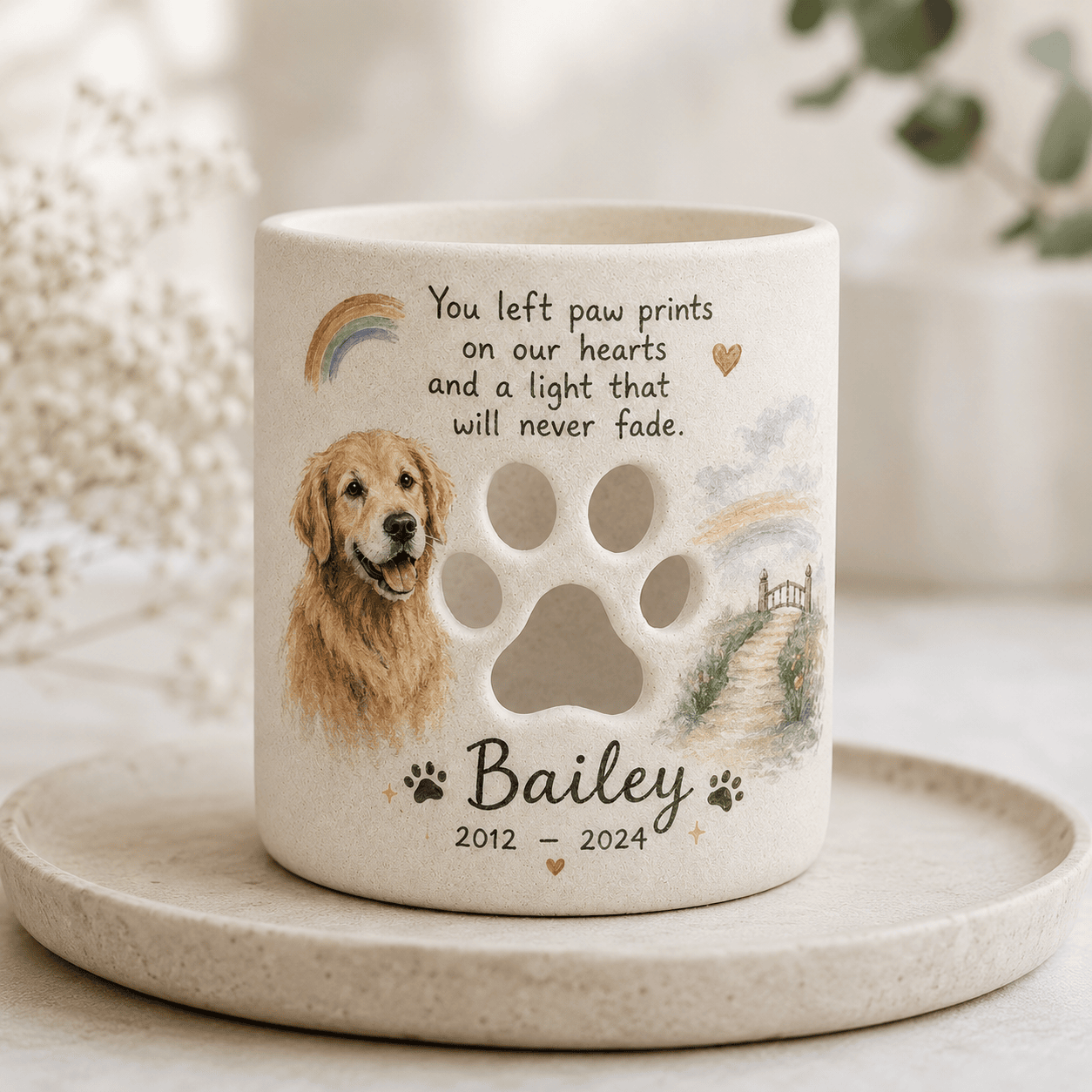 Personalized Dog Memorial Candle Holder – Custom Paw Print Pet Loss Gift