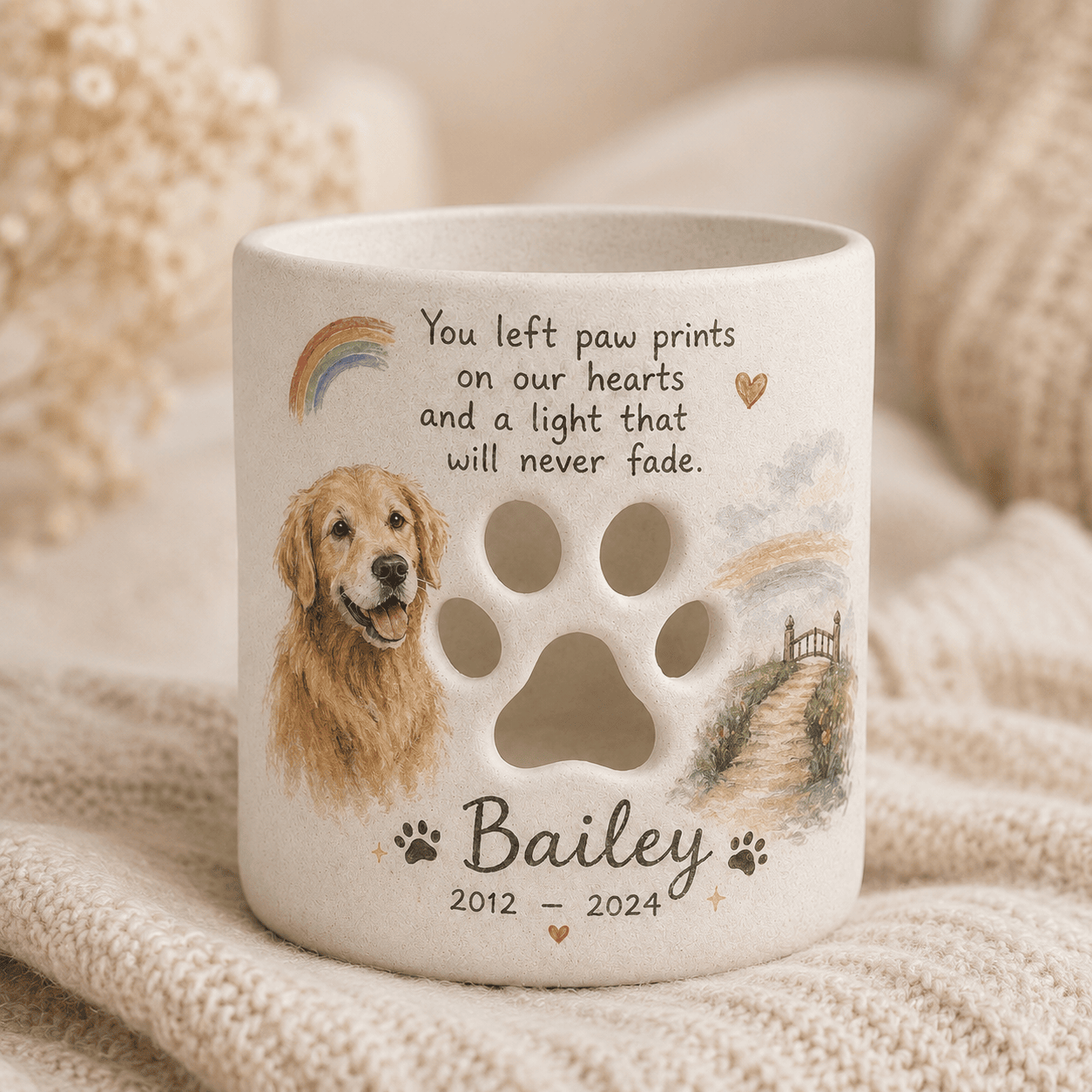 Personalized Dog Memorial Candle Holder – Custom Paw Print Pet Loss Gift