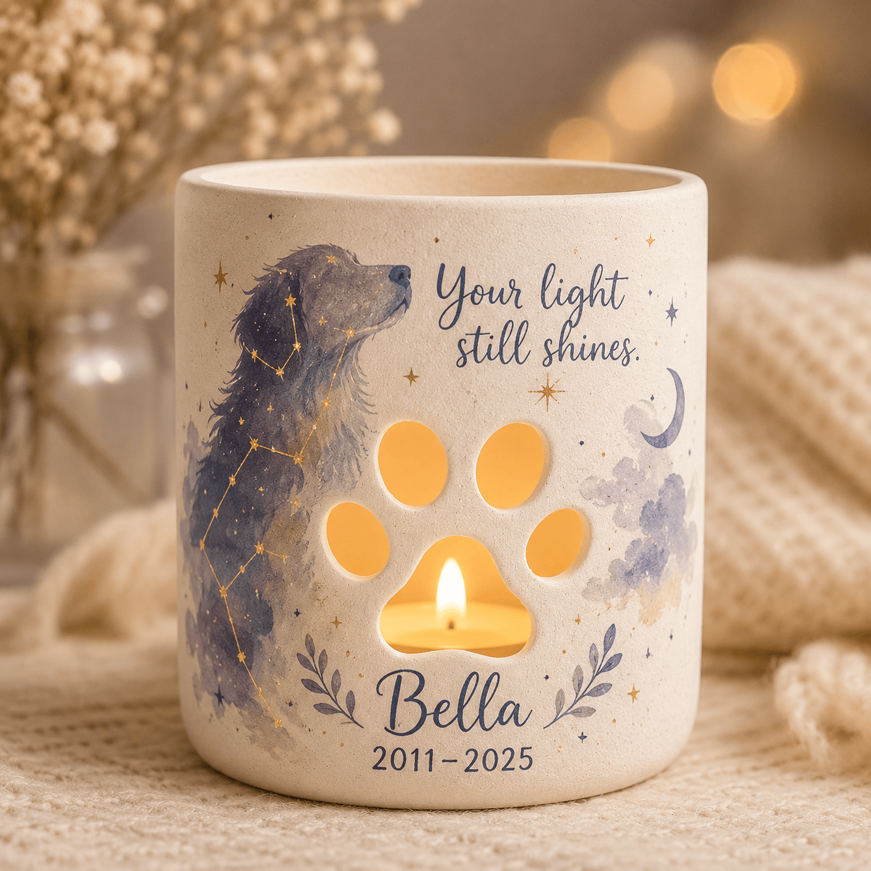 Custom Hand Painted Pet Photo Memorial Candle Holder, Personalized Constellation Sympathy Gift