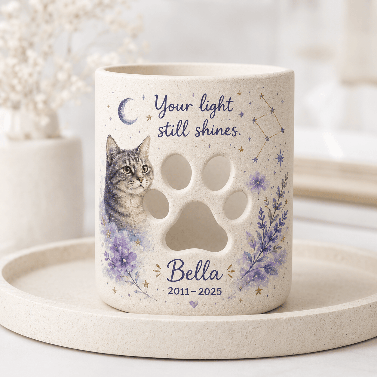 Custom Hand Painted Pet Photo Memorial Candle Holder, Personalized Star Memorial Gift