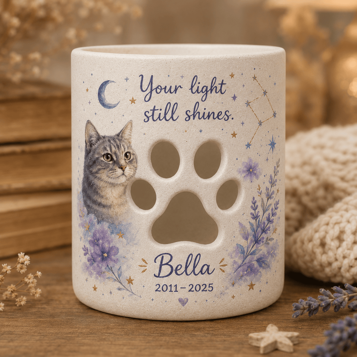 Custom Hand Painted Pet Photo Memorial Candle Holder, Personalized Star Memorial Gift