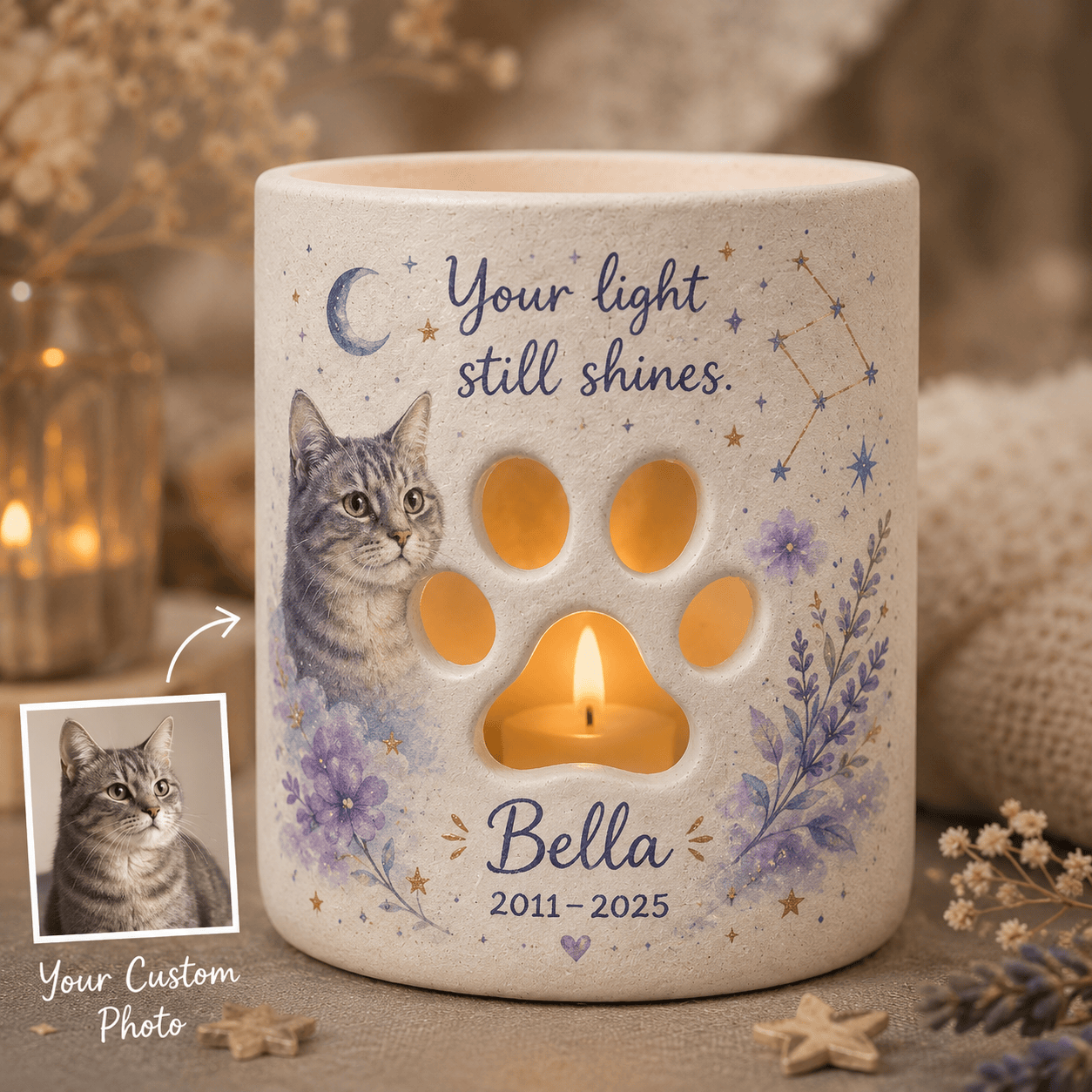 Custom Hand Painted Pet Photo Memorial Candle Holder, Personalized Star Memorial Gift