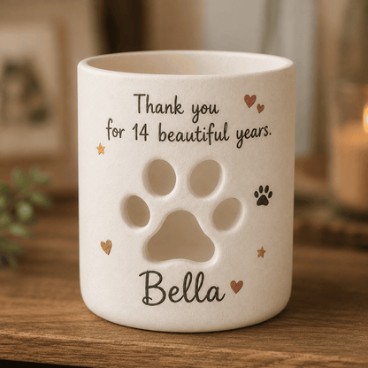 Personalized Pet Memorial Candle Holder, Hand-Painted Ceramic Paw Print Lantern