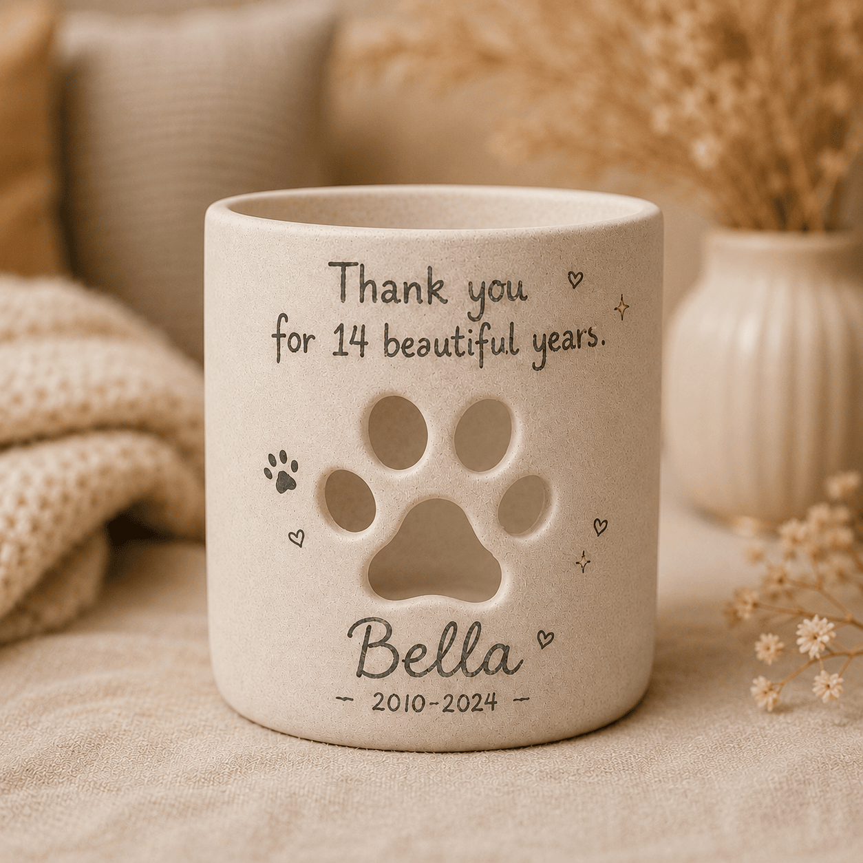 Personalized Pet Memorial Candle Holder, Hand-Painted Ceramic Paw Print Lantern