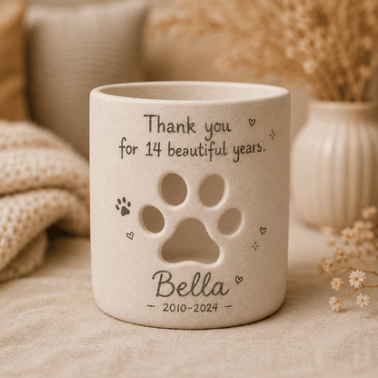 Personalized Pet Memorial Candle Holder, Hand-Painted Ceramic Paw Print Lantern