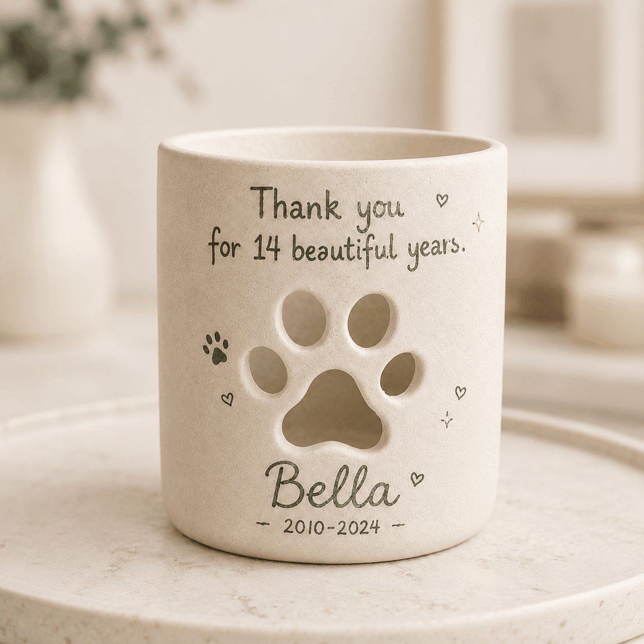 Personalized Pet Memorial Candle Holder, Hand-Painted Ceramic Paw Print Lantern