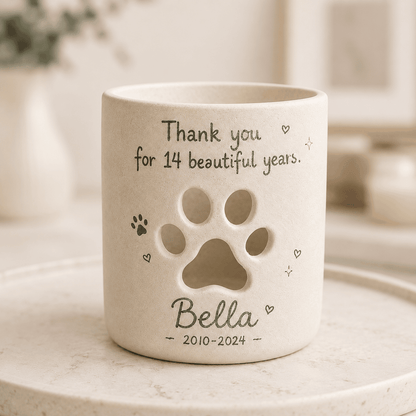 Personalized Pet Memorial Candle Holder, Hand-Painted Ceramic Paw Print Lantern