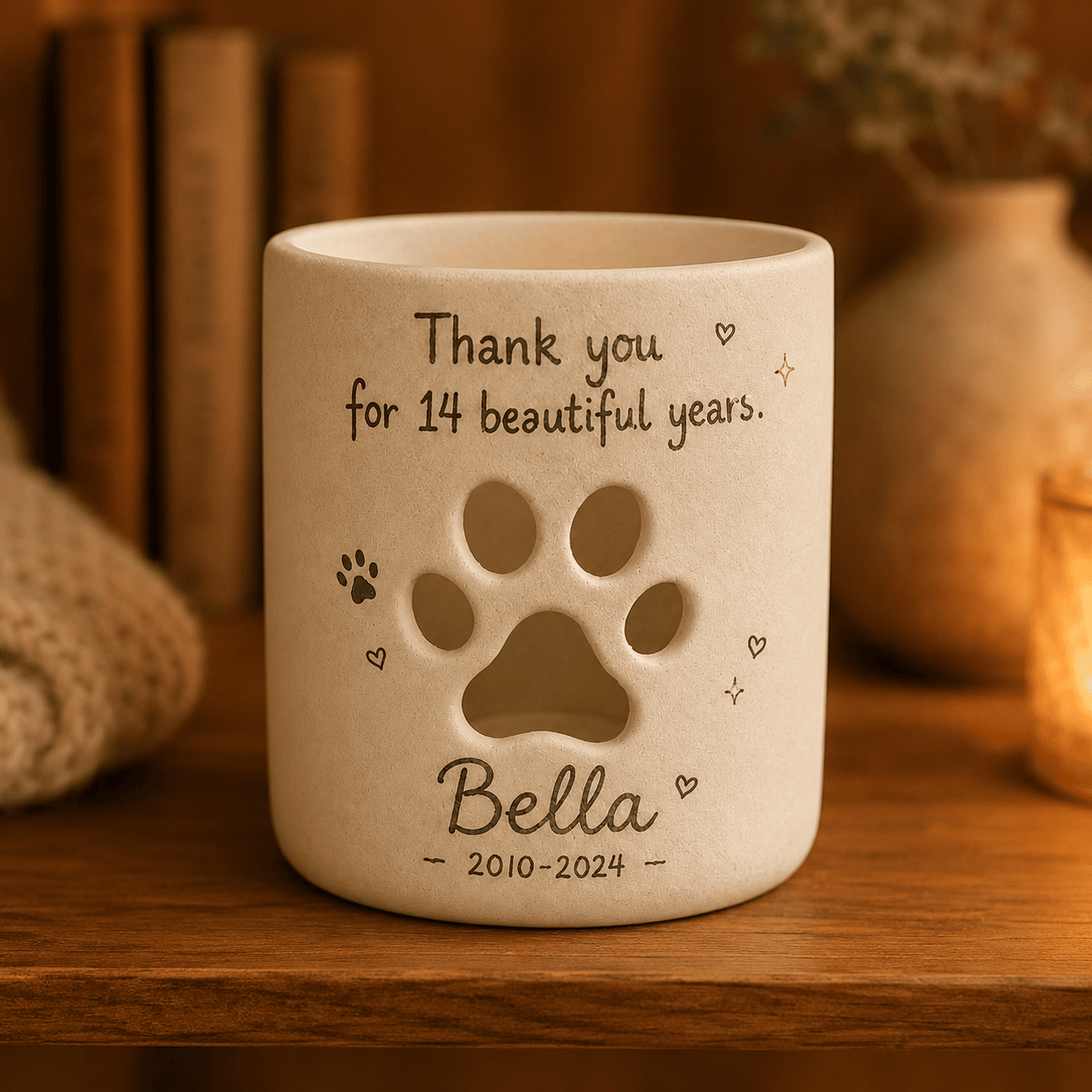 Personalized Pet Memorial Candle Holder, Hand-Painted Ceramic Paw Print Lantern