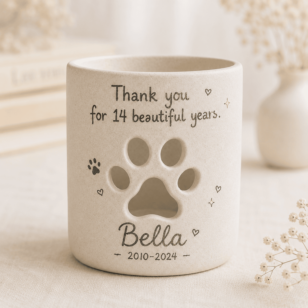 Personalized Pet Memorial Candle Holder, Hand-Painted Ceramic Paw Print Lantern