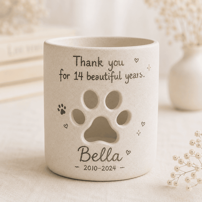Personalized Pet Memorial Candle Holder, Hand-Painted Ceramic Paw Print Lantern