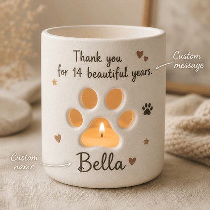 Personalized Pet Memorial Candle Holder, Hand-Painted Ceramic Paw Print Lantern