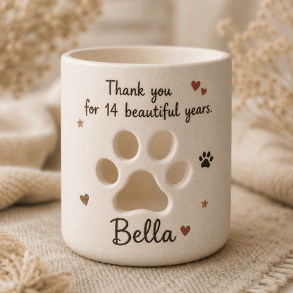 Personalized Pet Memorial Candle Holder, Hand-Painted Ceramic Paw Print Lantern