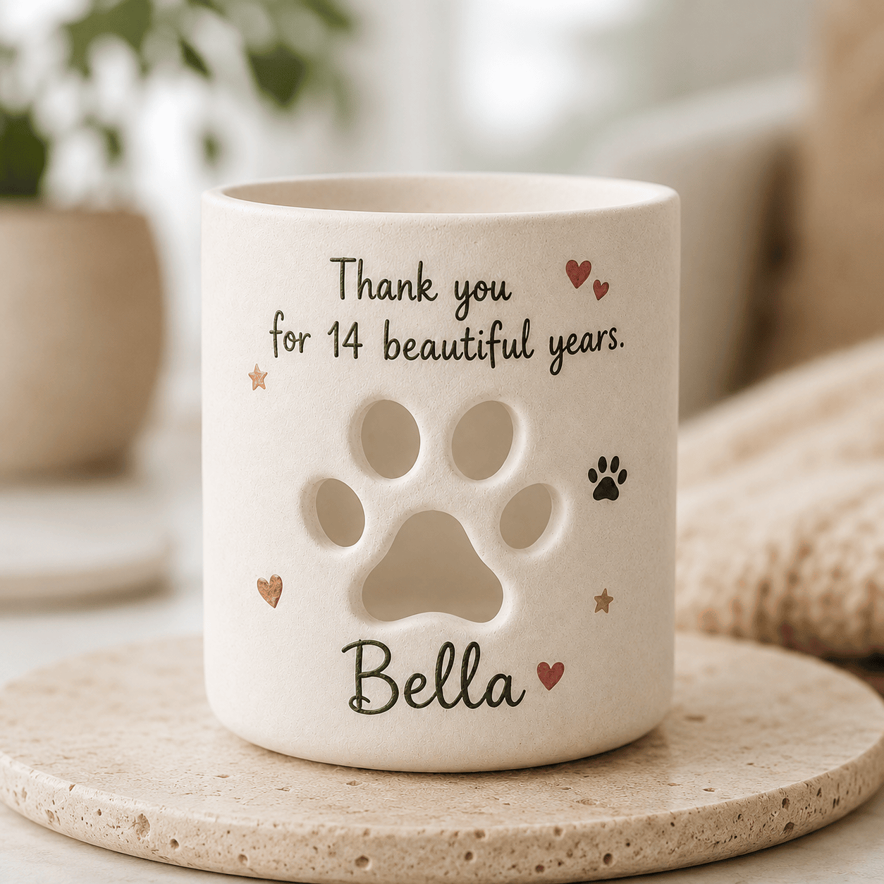 Personalized Pet Memorial Candle Holder, Hand-Painted Ceramic Paw Print Lantern