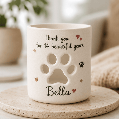 Personalized Pet Memorial Candle Holder, Hand-Painted Ceramic Paw Print Lantern
