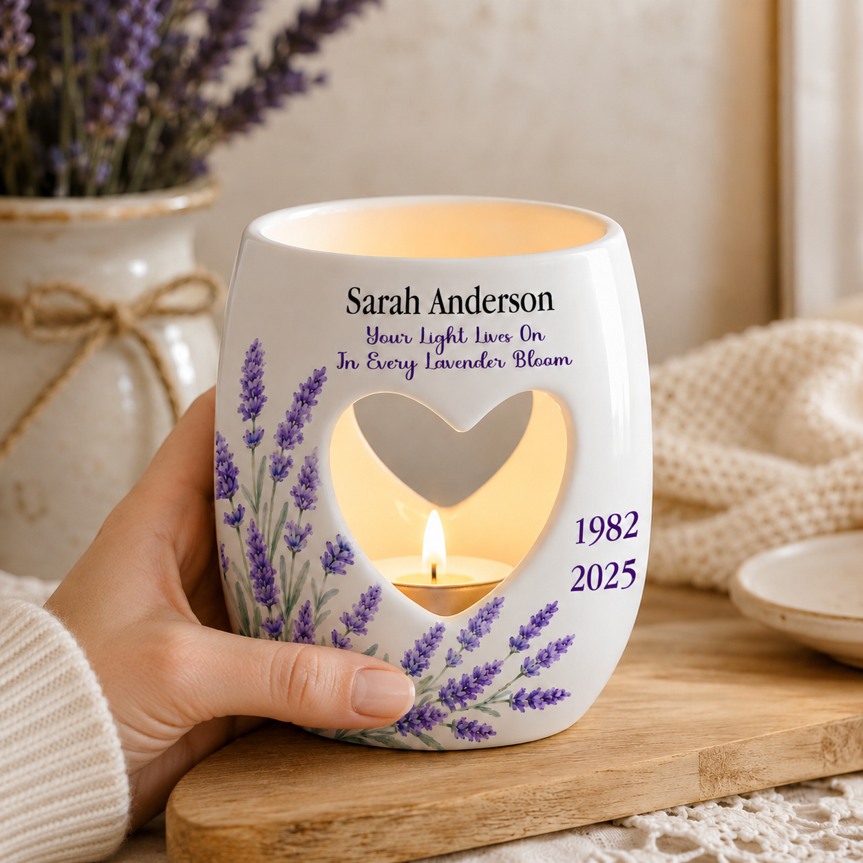 Personalised Memorial Candle Holder, Lavender Floral Remembrance Gift, Your Light Lives On In Loving Memory Candle Burner, Sympathy Gift