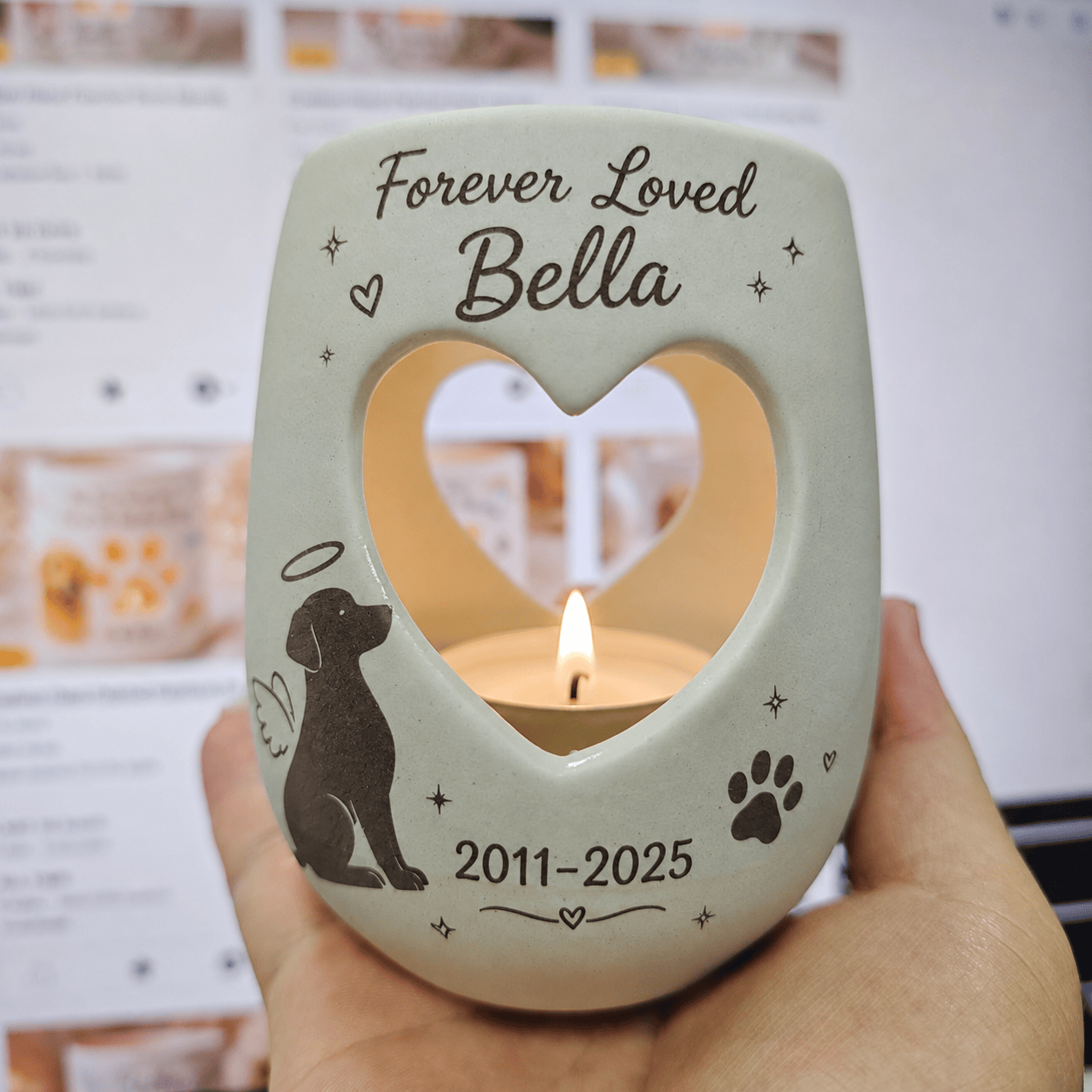 Personalized Pet Memorial Candle Holder, Hand Painted Ceramic Dog or Cat Remembrance Gift