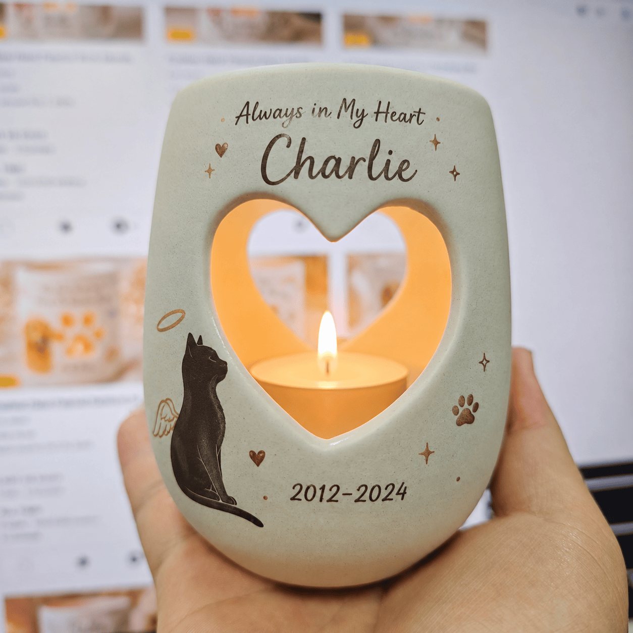 Personalized Cat Memorial Candle Holder, Hand Painted Ceramic Pet Loss Sympathy Gift