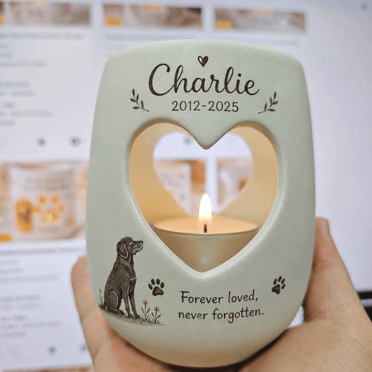 Personalized Dog Memorial Candle Holder – Custom Name and Dates Ceramic Pet Remembrance Gift