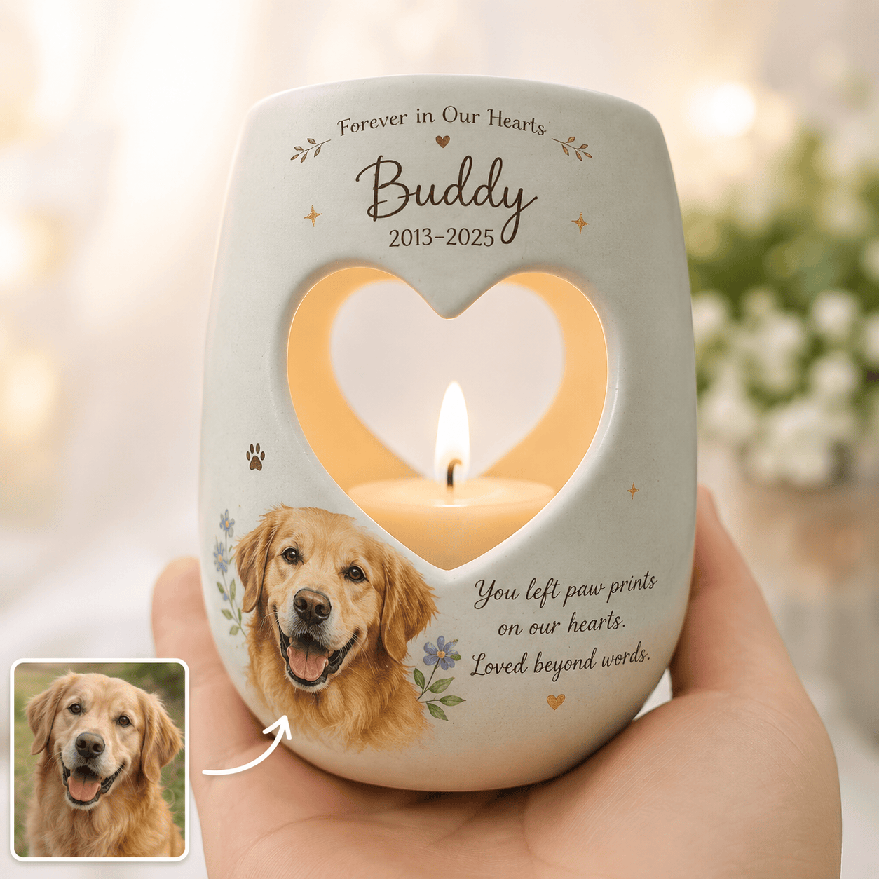 Personalized Dog Memorial Candle Holder – Custom Pet Portrait Ceramic Remembrance Gift