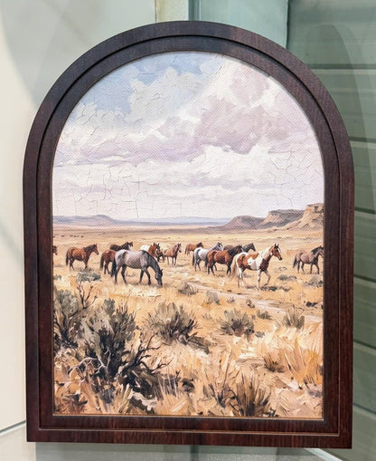 Mustang Herd Wall Art, Wild Horses Western Painting, Arched Wood Frame, Rustic Farmhouse Decor - Image 2