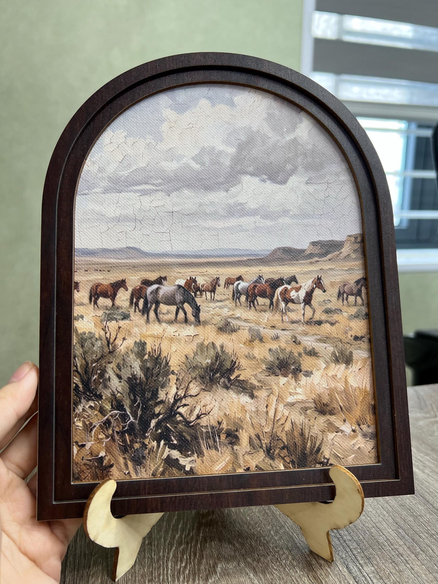 Mustang Herd Wall Art, Wild Horses Western Painting, Arched Wood Frame, Rustic Farmhouse Decor - Image 3