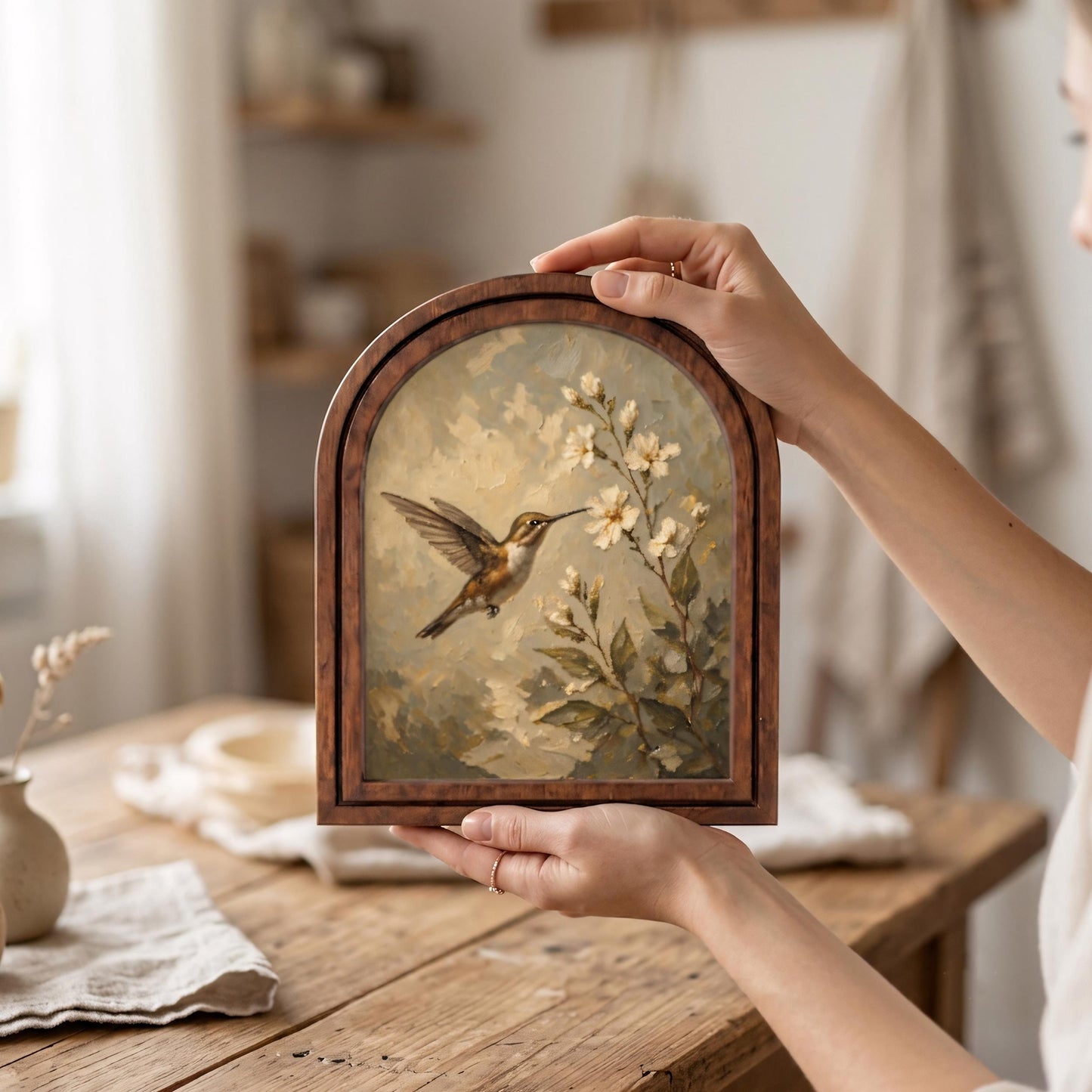 Hummingbird Blossom Wall Art, Delicate Bird and Floral Painting in Arched Wood Frame, Cottagecore Nature Decor, Elegant Botanical Home Gift - Image 5