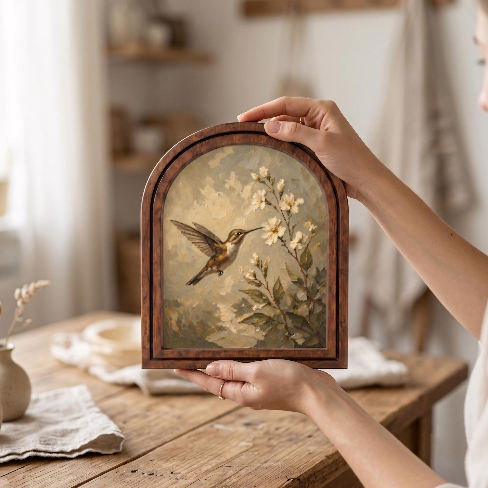 Hummingbird Blossom Wall Art, Delicate Bird and Floral Painting in Arched Wood Frame, Cottagecore Nature Decor, Elegant Botanical Home Gift - Image 5