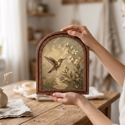 Hummingbird Blossom Wall Art, Delicate Bird and Floral Painting in Arched Wood Frame, Cottagecore Nature Decor, Elegant Botanical Home Gift - Image 5