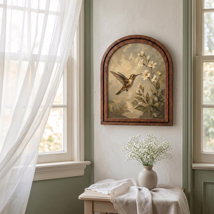 Hummingbird Blossom Wall Art, Delicate Bird and Floral Painting in Arched Wood Frame, Cottagecore Nature Decor, Elegant Botanical Home Gift - Image 9