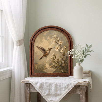 Hummingbird Blossom Wall Art, Delicate Bird and Floral Painting in Arched Wood Frame, Cottagecore Nature Decor, Elegant Botanical Home Gift - Image 4