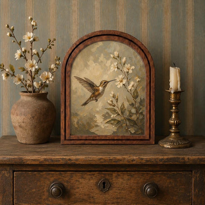 Hummingbird Blossom Wall Art, Delicate Bird and Floral Painting in Arched Wood Frame, Cottagecore Nature Decor, Elegant Botanical Home Gift - Image 3