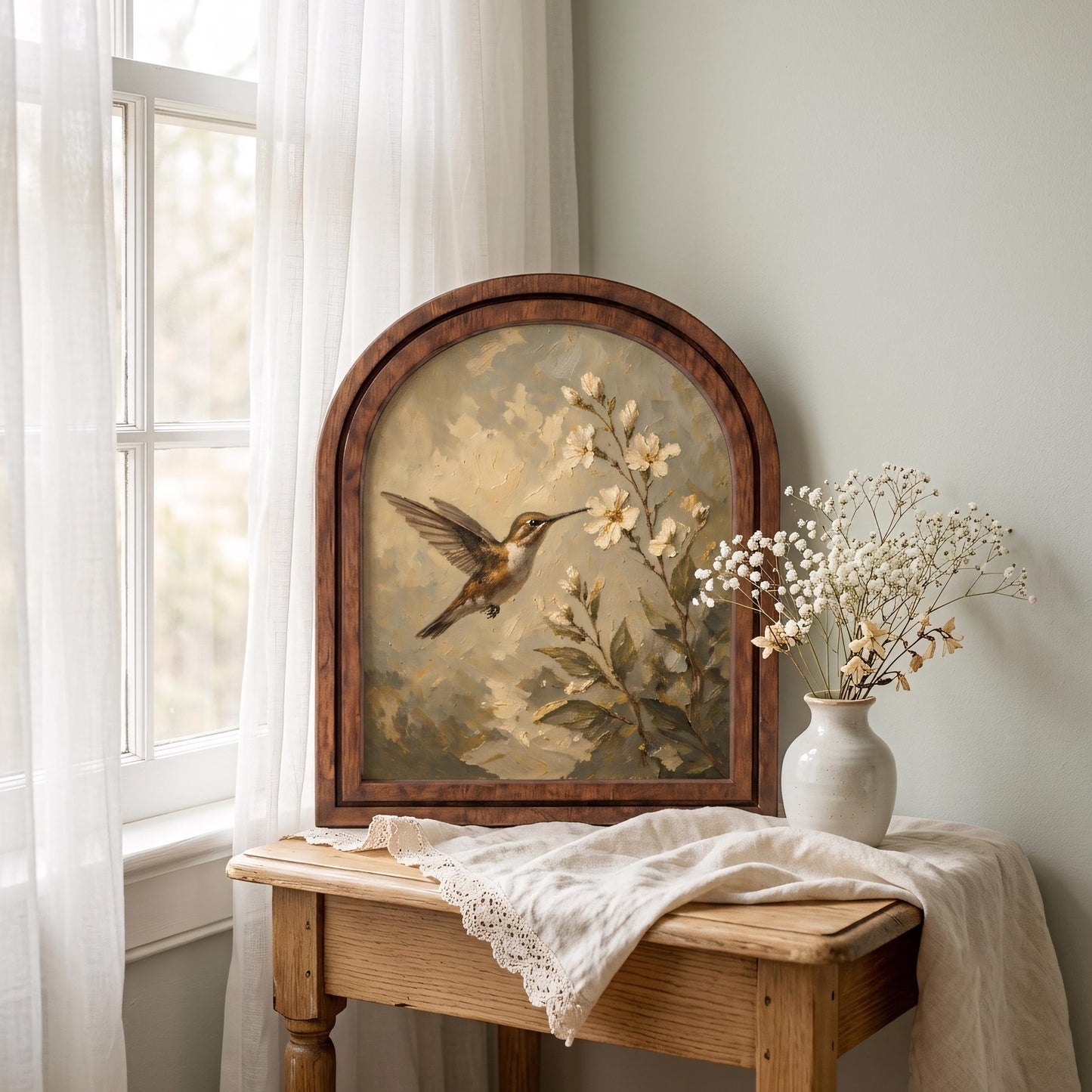 Hummingbird Blossom Wall Art, Delicate Bird and Floral Painting in Arched Wood Frame, Cottagecore Nature Decor, Elegant Botanical Home Gift - Image 6